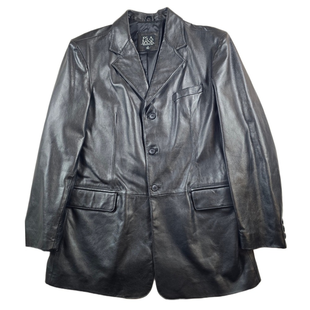 JoS A Bank Leather Car Coat Mens Large Black Genuine Leather Blazer Jacket